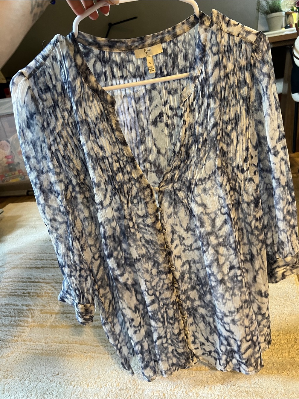 Blue Tie-Dye V-Neck Button Front Blouse - Size S